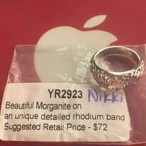 Morganite on a detailed rhodium band size 8
